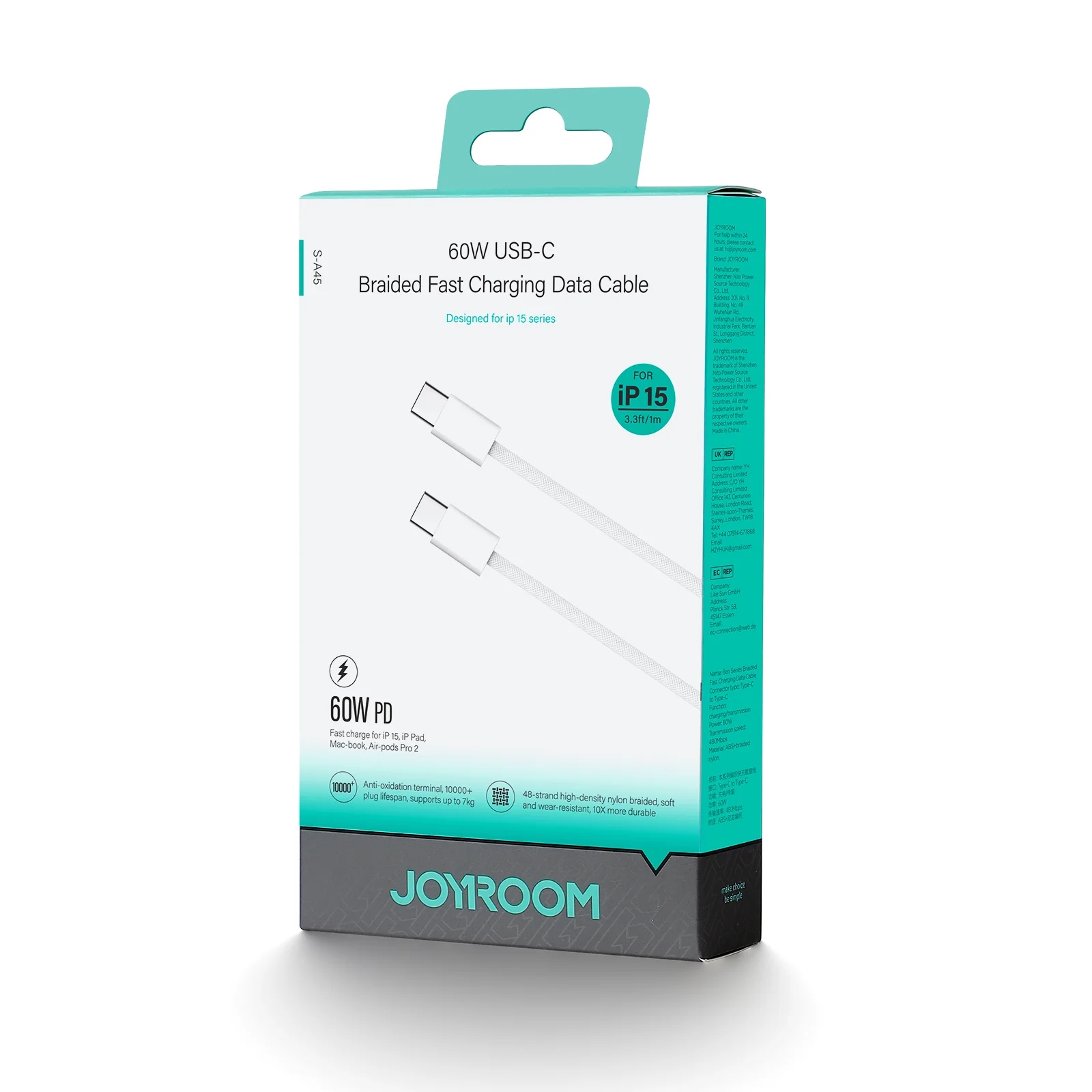Joyroom S-A45 Ben Series Braided 60W Type-C to Type-C Fast Charging Data Cable 1m