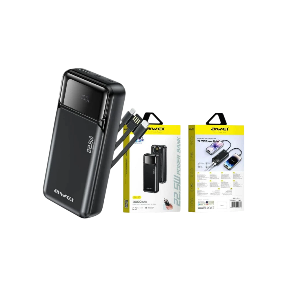 Awei PA‑93 20000mAh 22.5W Fast Charging Power Bank with Built‑in Dual Cables - image 2
